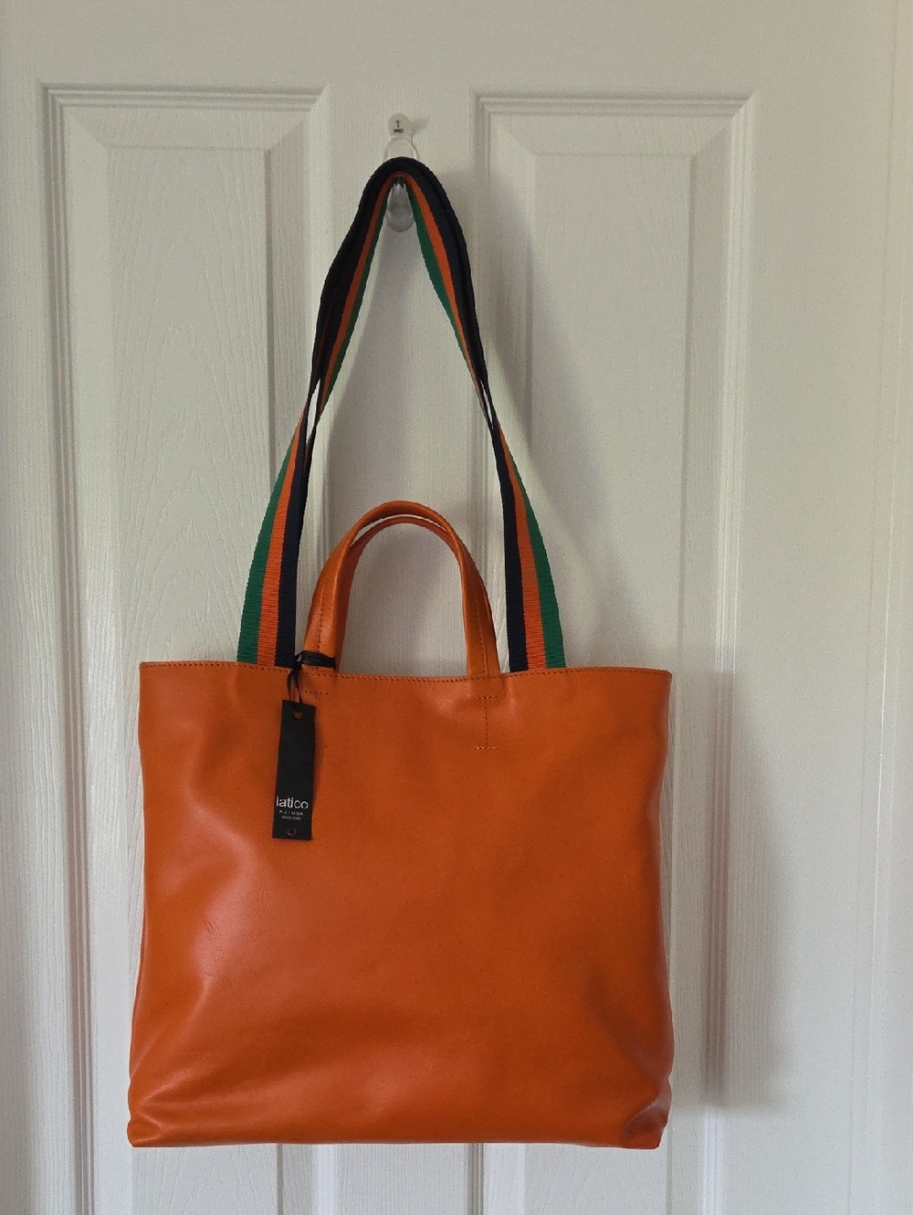 Latico Orange Leather Tote with Green/orange/blue Striped Shoulder Strap - NWT